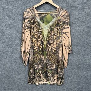 One World Live And Let Live XL Tunic Top Beige Sequined Bell Sleeves Whimsigoth